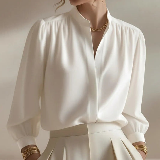Women's Satin Puff Sleeve Blouse Mandarin Collar Top