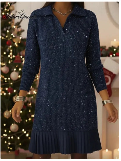 Women's Polo Collar Long Sleeve A-Line Sweater Dress