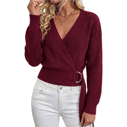 Women's Belted Wrap V-Neck Sweater Long Sleeve Top