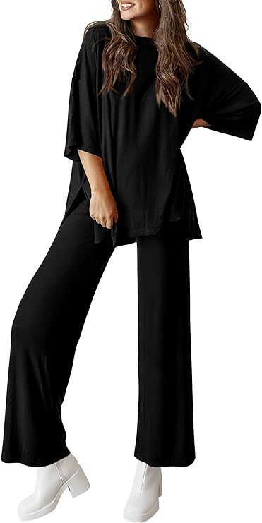 Women's 2 Piece Lounge Set Short Sleeve Top Wide Leg Pants
