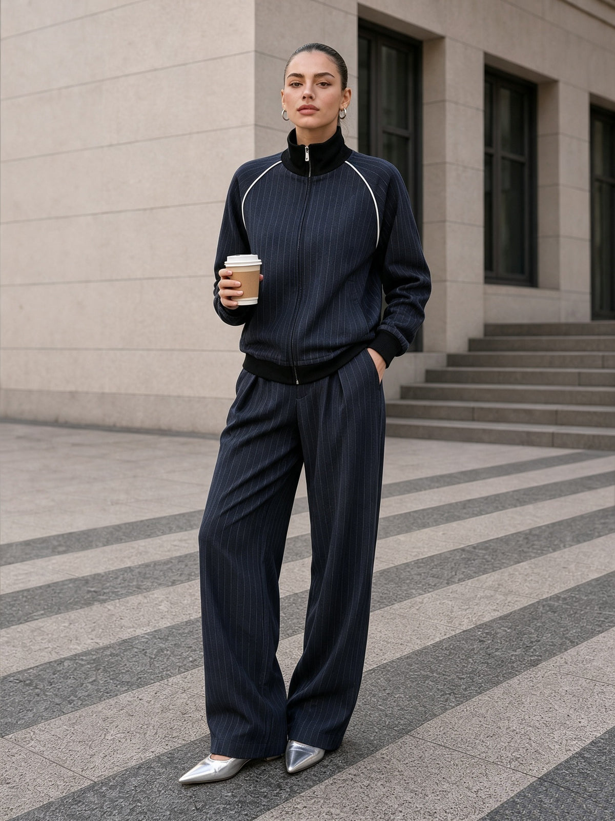 Women's Striped Zip Up Jacket Wide Leg Pants 2 Piece Set