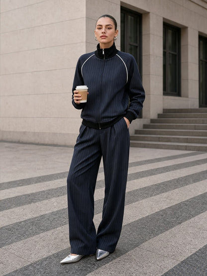 Women's Striped Zip Up Jacket Wide Leg Pants 2 Piece Set