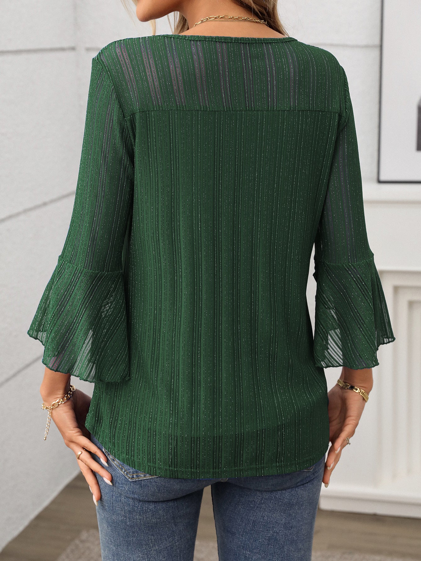 Elegant Round Neck Lotus Leaf Sleeve Mesh Top