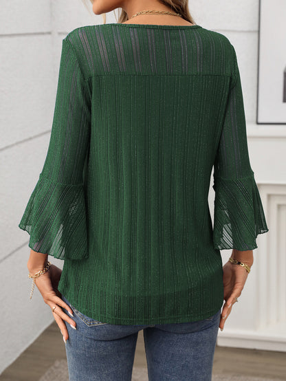 Elegant Round Neck Lotus Leaf Sleeve Mesh Top