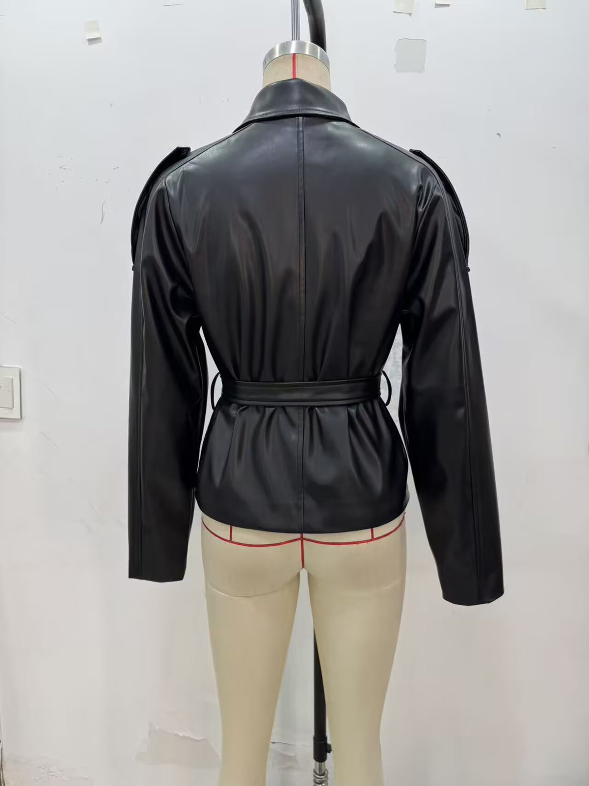 Women's Faux Leather Belted Cropped Lapel Jacket