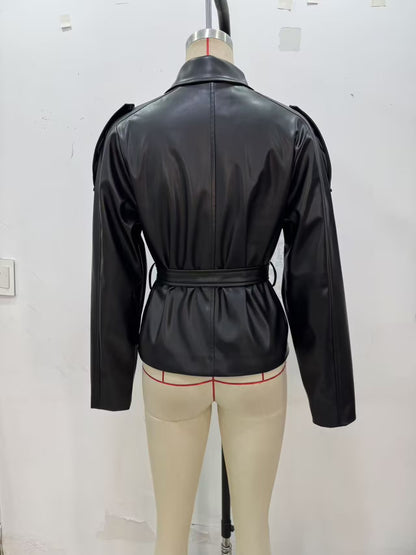 Women's Faux Leather Belted Cropped Lapel Jacket