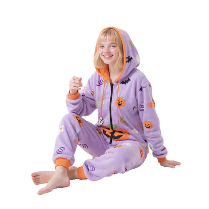 Women's Halloween Pumpkin Hooded Fleece Onesie