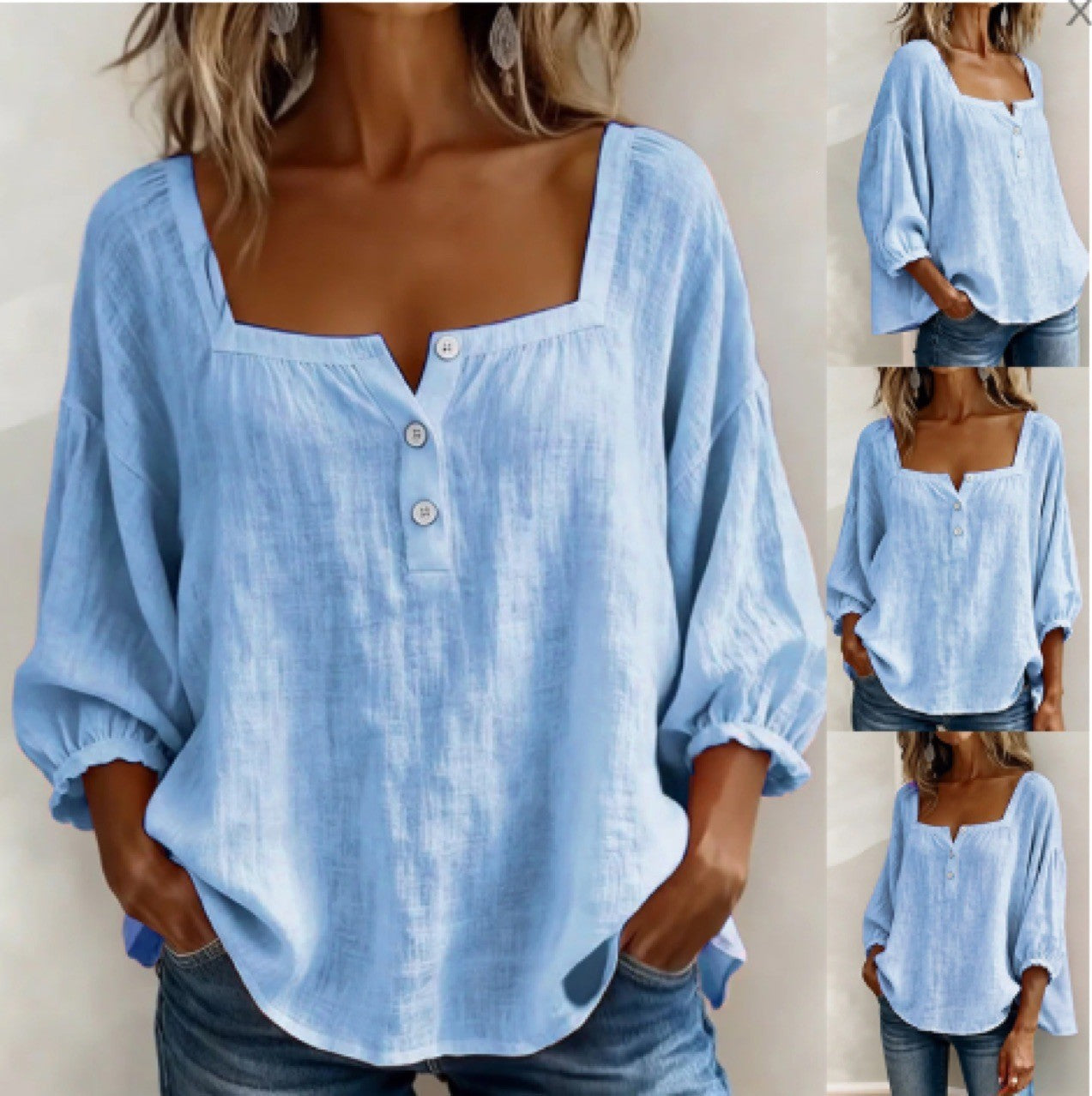 Women's Square Neck Puff Sleeve Button Loose Blouse Top
