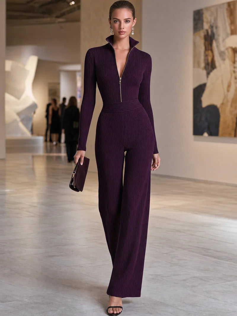 Women's Ribbed Knit Half Zip Wide Leg Jumpsuit