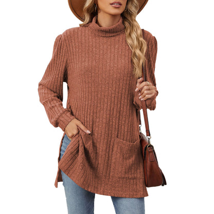 Women's Ribbed Mock Neck Long Sleeve Tunic with Pockets