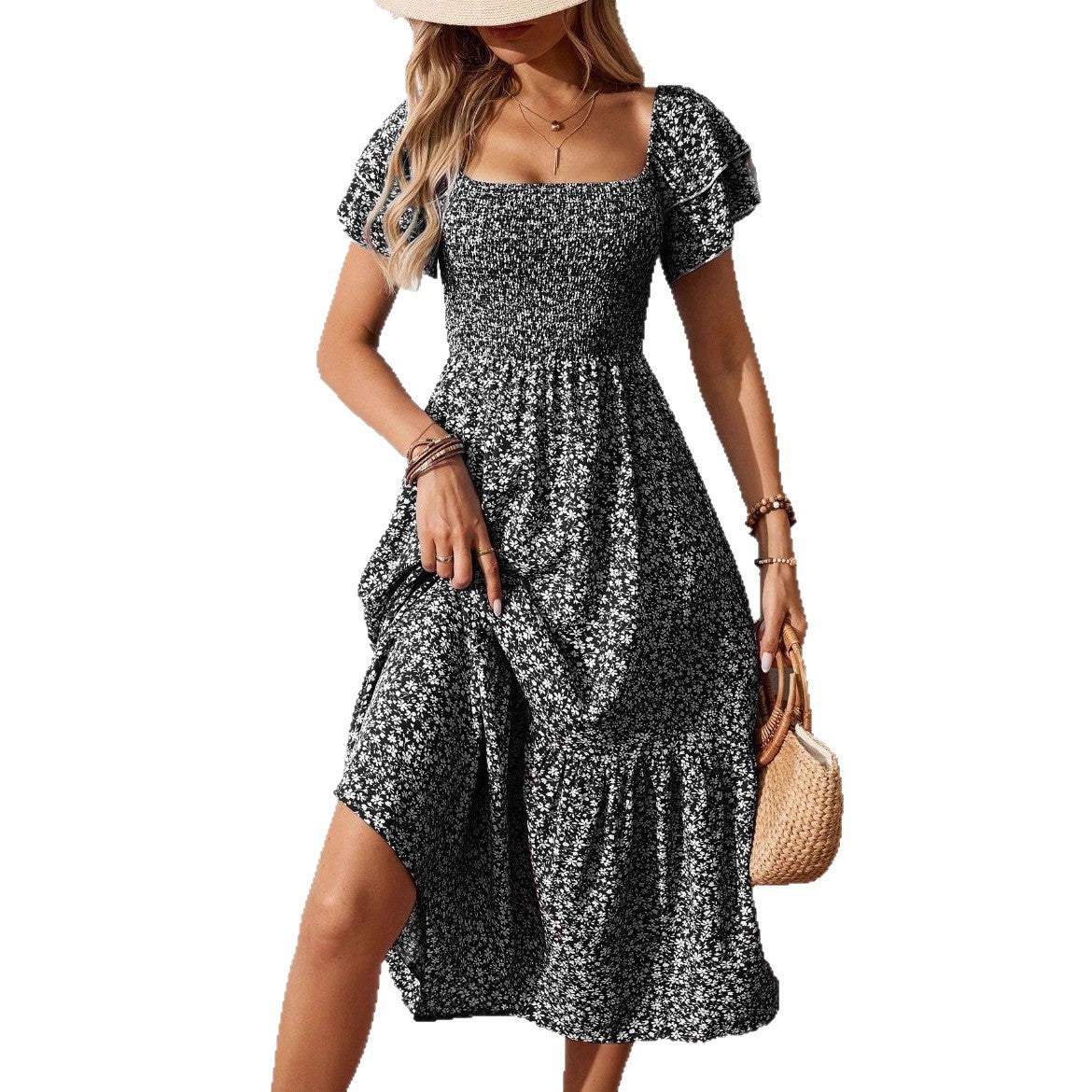 Floral Smocked Square Neck Midi Dress Ruffle Sleeve