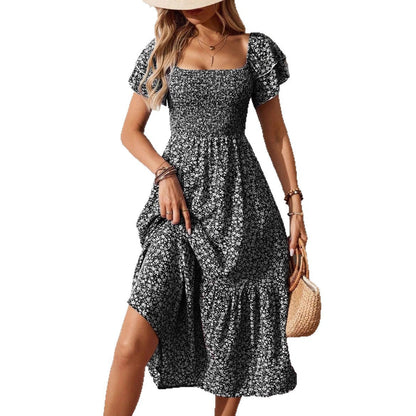 Floral Smocked Square Neck Midi Dress Ruffle Sleeve