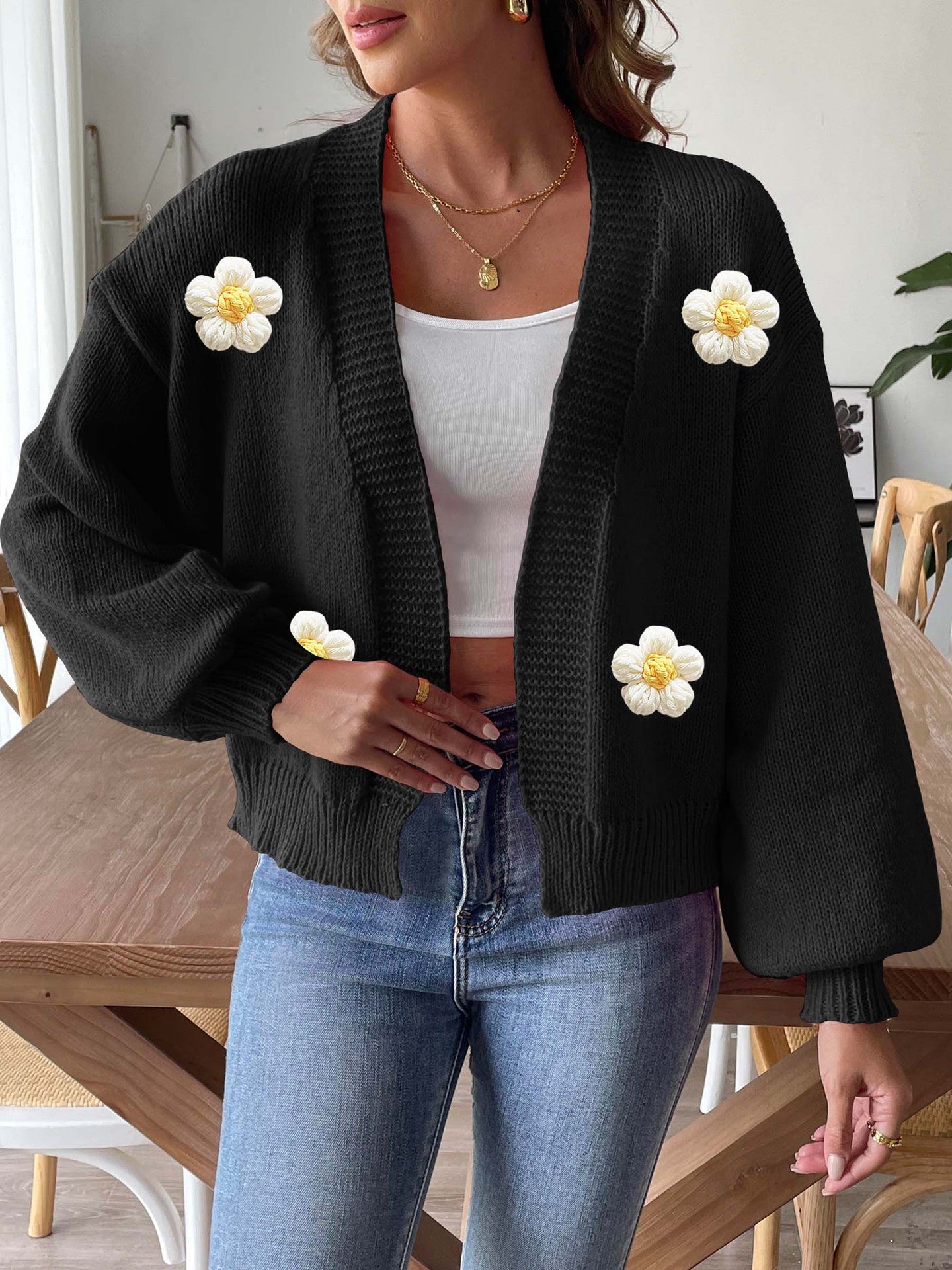 Floral Crochet Knit Cardigan Sweater with Balloon Sleeves