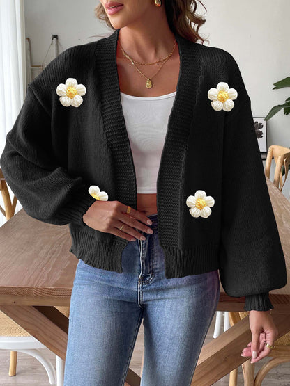 Floral Crochet Knit Cardigan Sweater with Balloon Sleeves