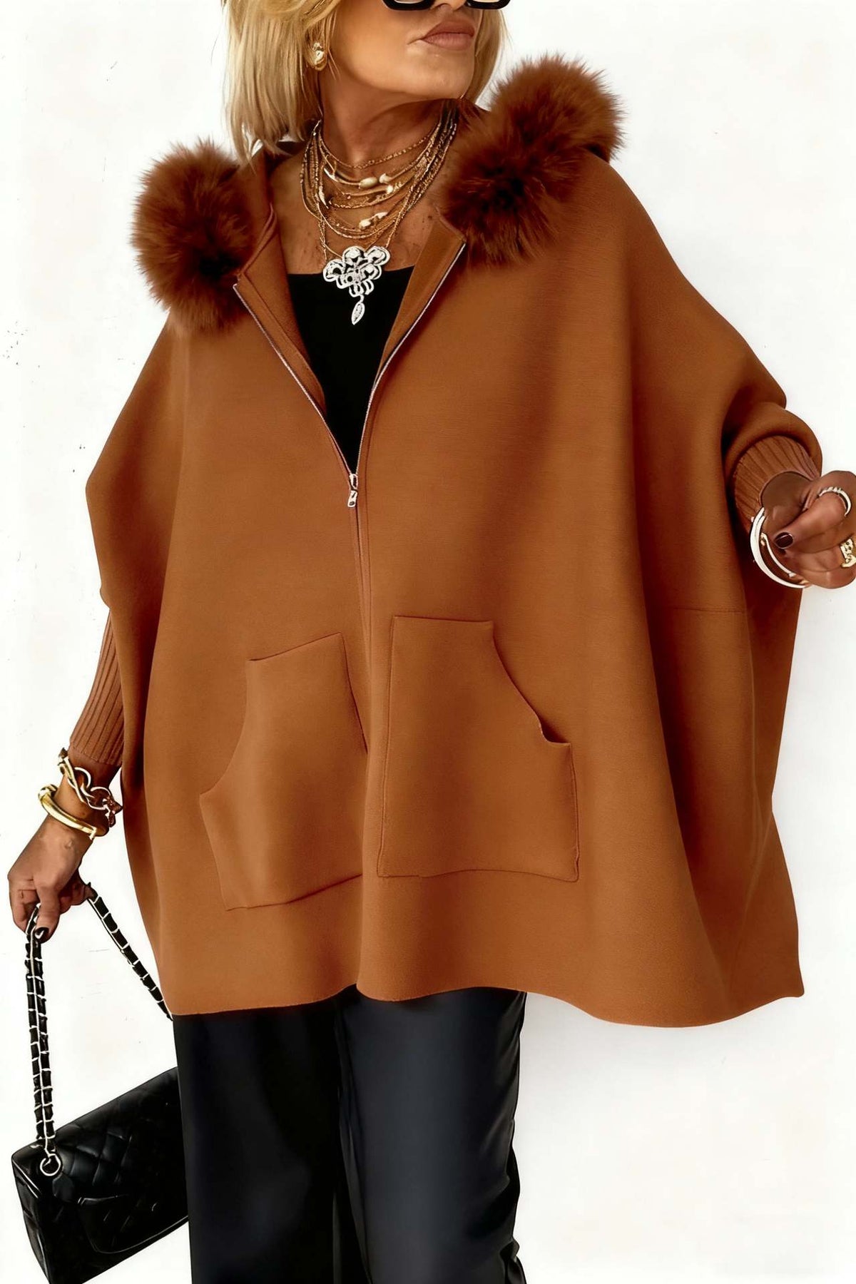 Oversized Faux Fur Hood Zip Up Knit Cardigan Pockets