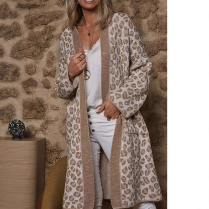 Women's Leopard Print Long Cardigan Open Front Pockets