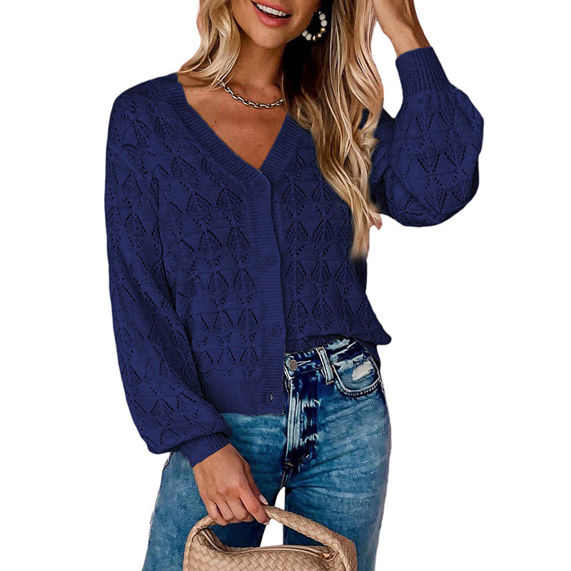 Women's V-Neck Button Front Crochet Knit Cardigan Sweater