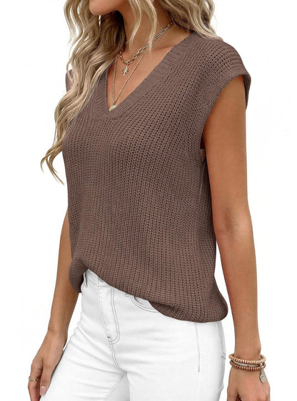 V Neck Knit Sweater Vest Sleeveless Loose Summer Top