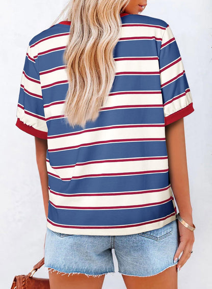 Women Striped Color Block Tee Casual Loose Fit Summer Top