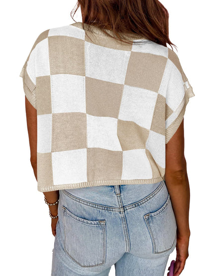 Women’s Colorblock Checkerboard Knit Crop Sweater Tee