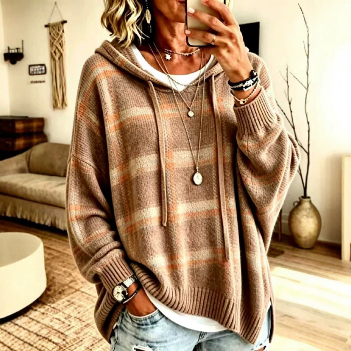Women's Plaid Hooded Oversized Knit Pullover Sweater