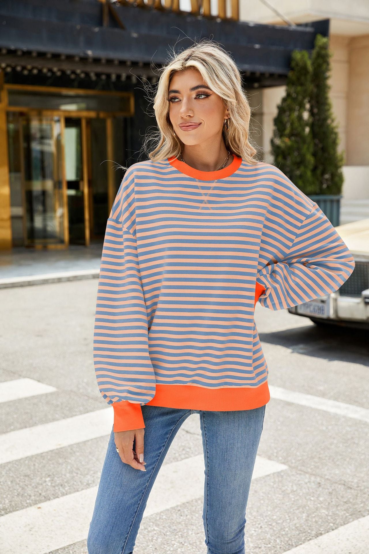 Striped Color Block Crew Neck Loose Fit Long Sleeve Sweatshirt