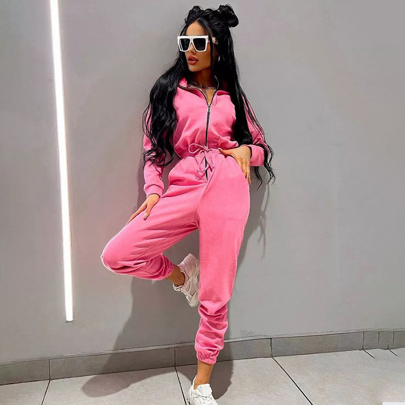 Women's Hooded Drawstring Jogger Jumpsuit Pockets