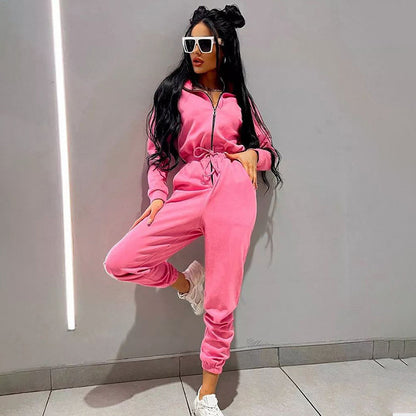 Women's Hooded Drawstring Jogger Jumpsuit Pockets