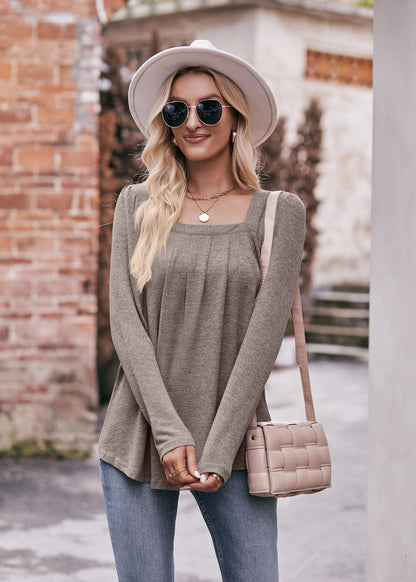 Square Neck Pleated Long Sleeve Top for Women