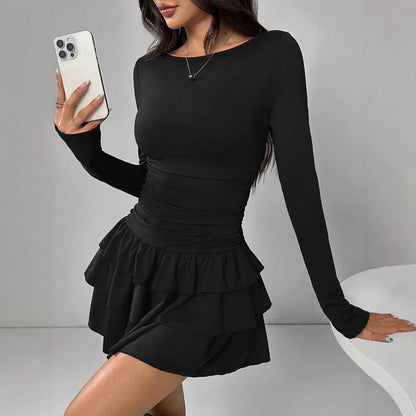 Women's Long Sleeve Bodycon Ruched Ruffle Mini Dress