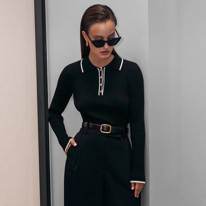 Women's Polo Collar Ribbed Long Sleeve Crop Sweater
