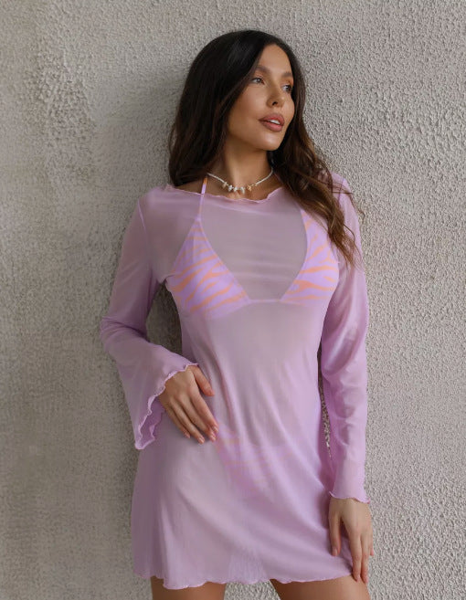Women's Sheer Mesh Beach Cover Up Long Sleeve Dress