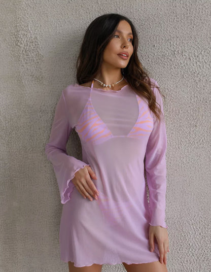 Women's Sheer Mesh Beach Cover Up Long Sleeve Dress