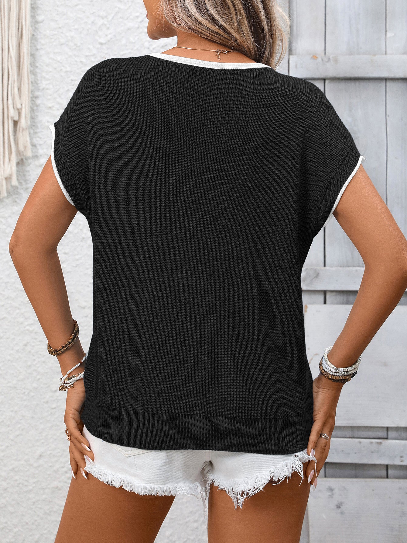 Contrast Trim Knit Top Short Sleeve Casual Sweater
