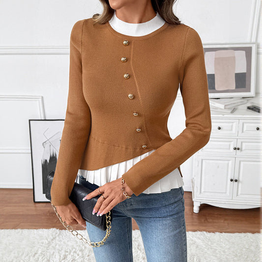 Color Block Mock Neck Knit Sweater with Button Detail