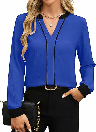 Women's V Neck Color Block Long Sleeve Business Blouse