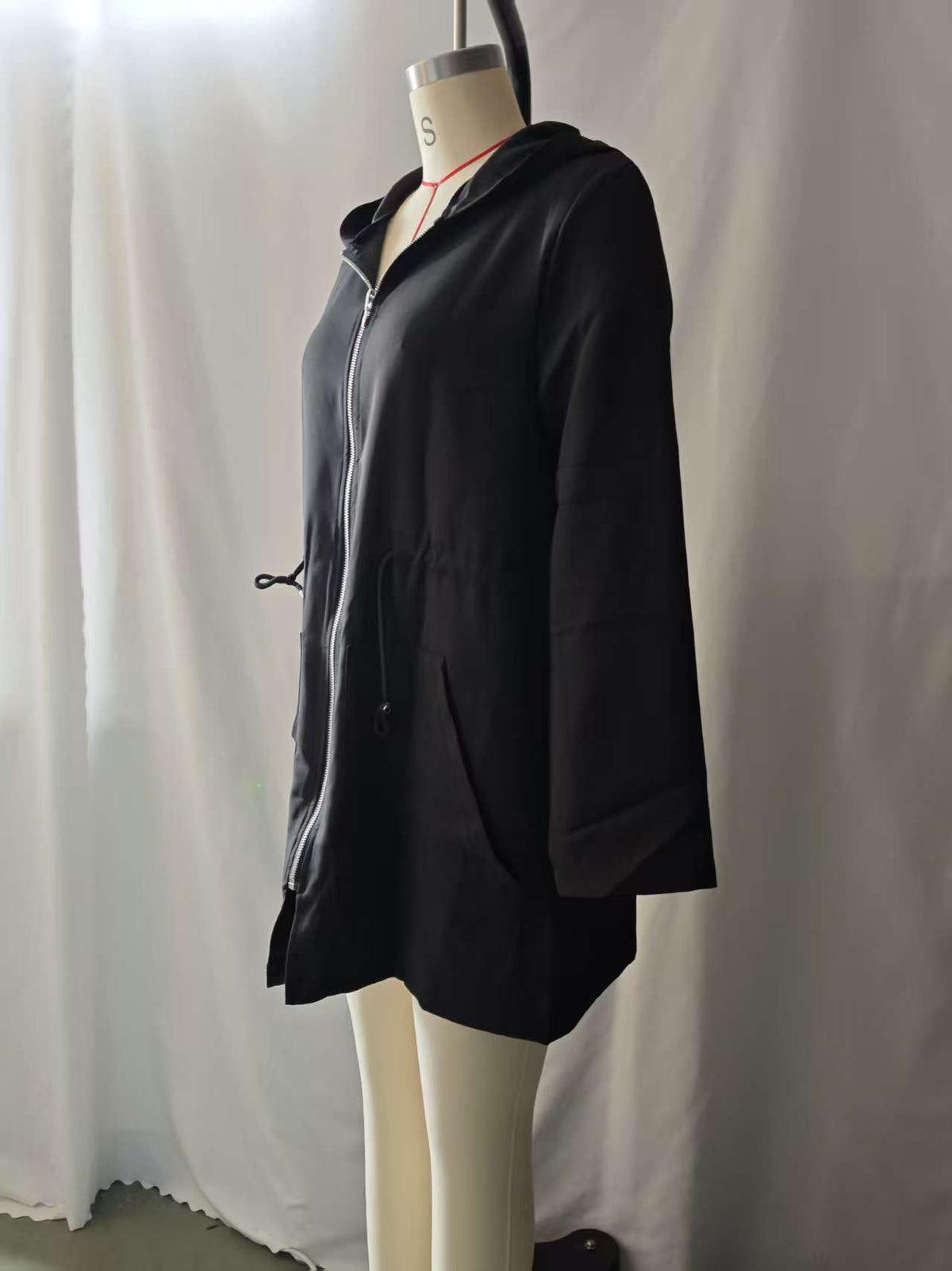 Women's Hooded Drawstring Waist Zip-Up Mid Length Jacket