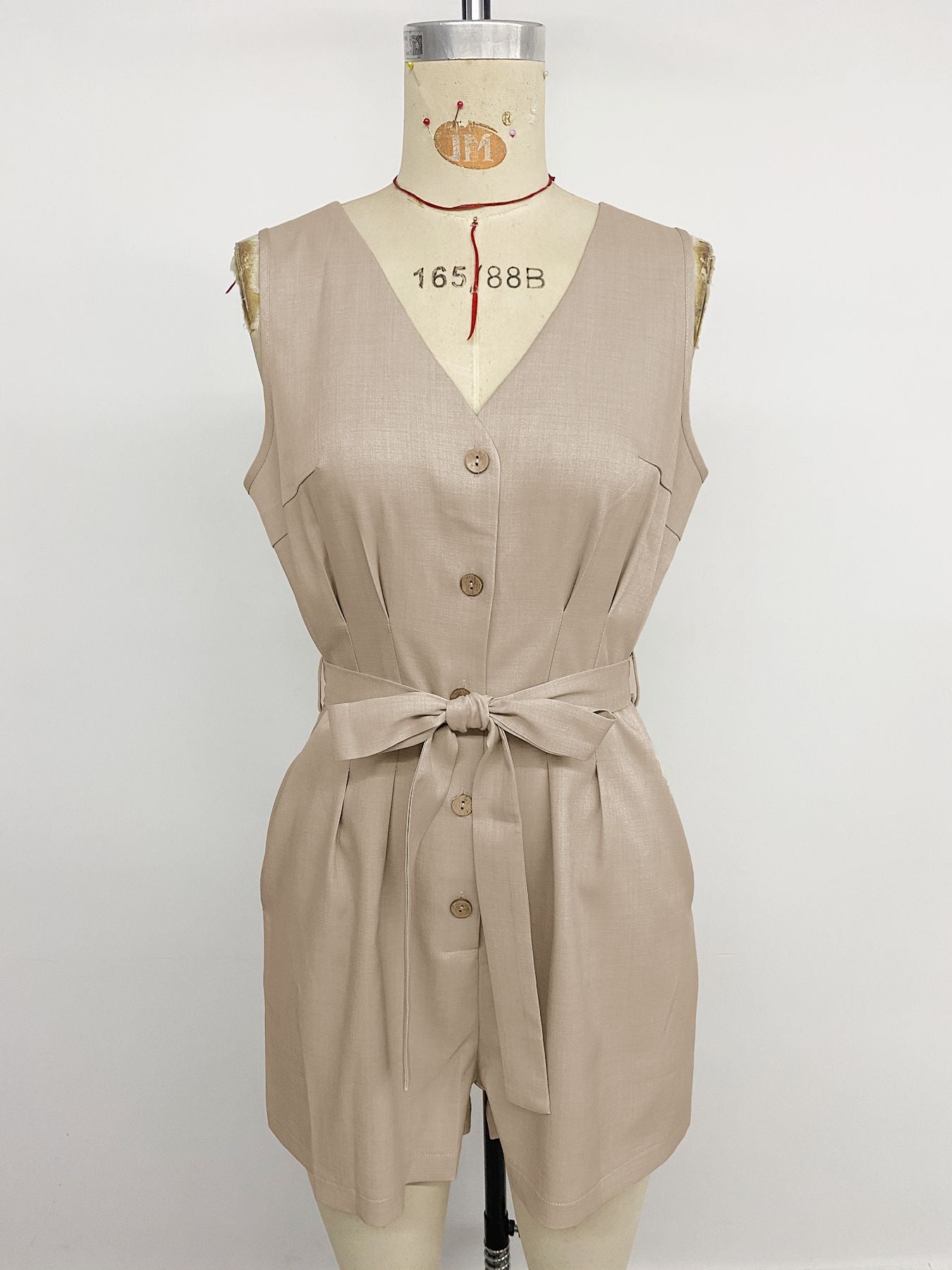 Solid V Neck Belted Romper Sleeveless Casual Jumpsuit
