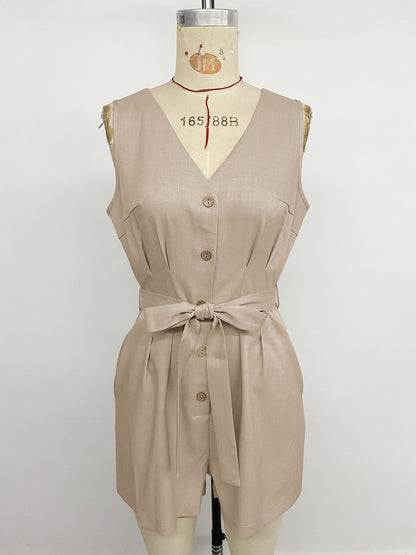 Solid V Neck Belted Romper Sleeveless Casual Jumpsuit