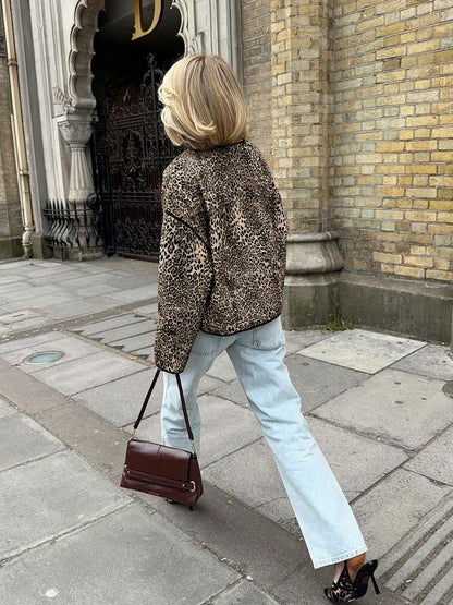 Vintage Leopard Print Autumn Spice Girl Crew Neck Short Jacket