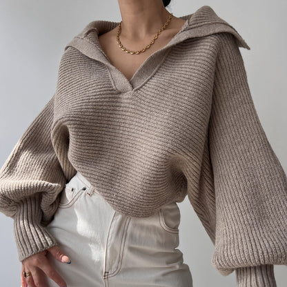 Womens Collared V Neck Ribbed Knit Sweater