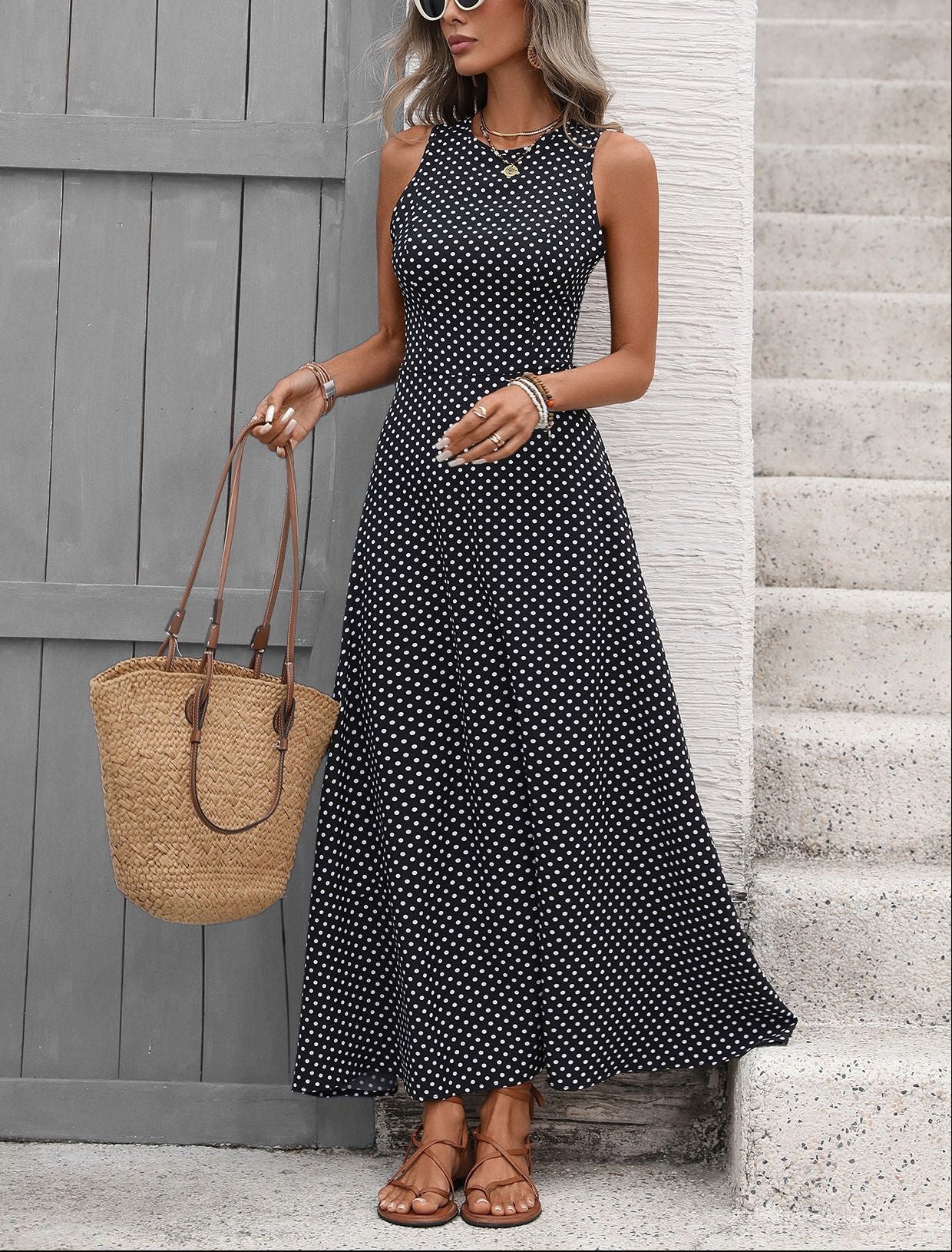 Women’s Polka Dot Sleeveless Maxi Dress Backless Summer