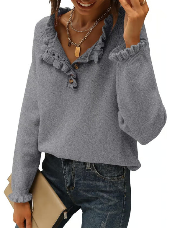 Women's Ruffle Button Knit Sweater Long Sleeve Tunic