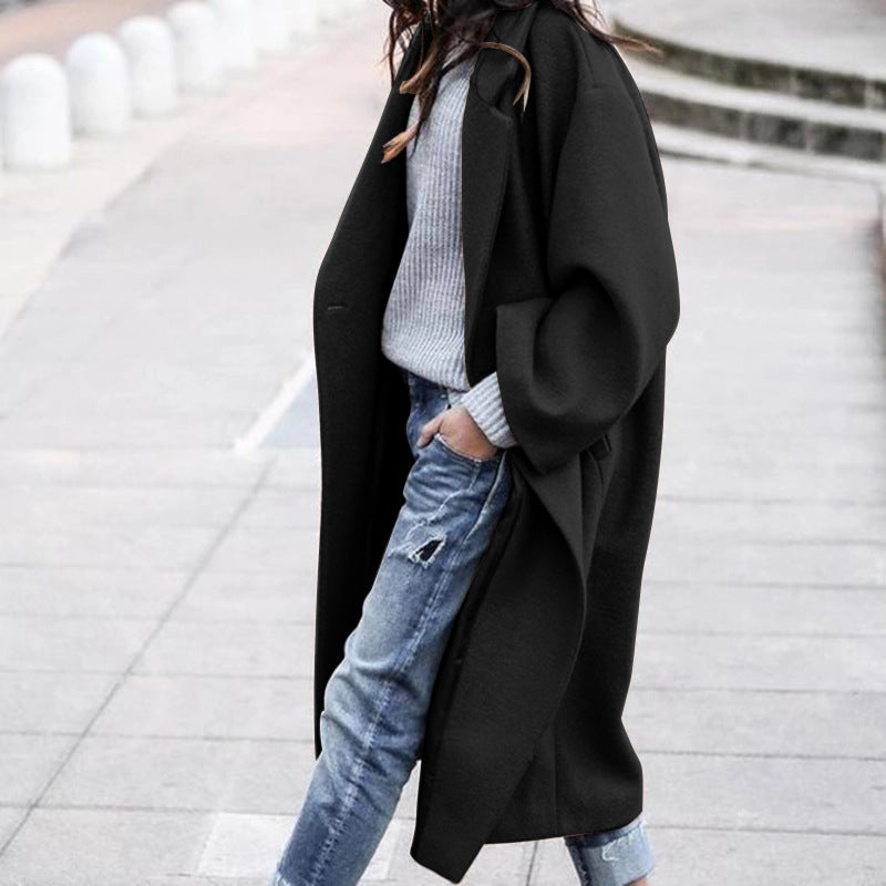 Women's Oversized Long Wool Coat Lapel Single Button