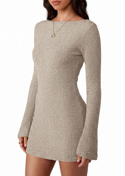 Solid ribbed knit bodycon mini dress bell sleeve