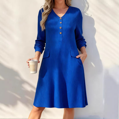 Ribbed V Neck Button Long Sleeve Midi Knit Dress Pockets