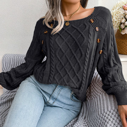 2025 Fall Winter Casual Square Neck Button Detail Cable Knit Sweater