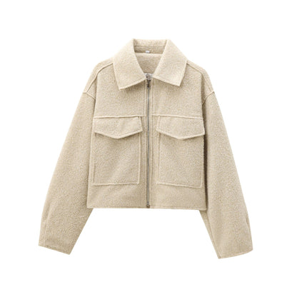 Women's Cropped Boucle Zip Jacket Collar Pocket