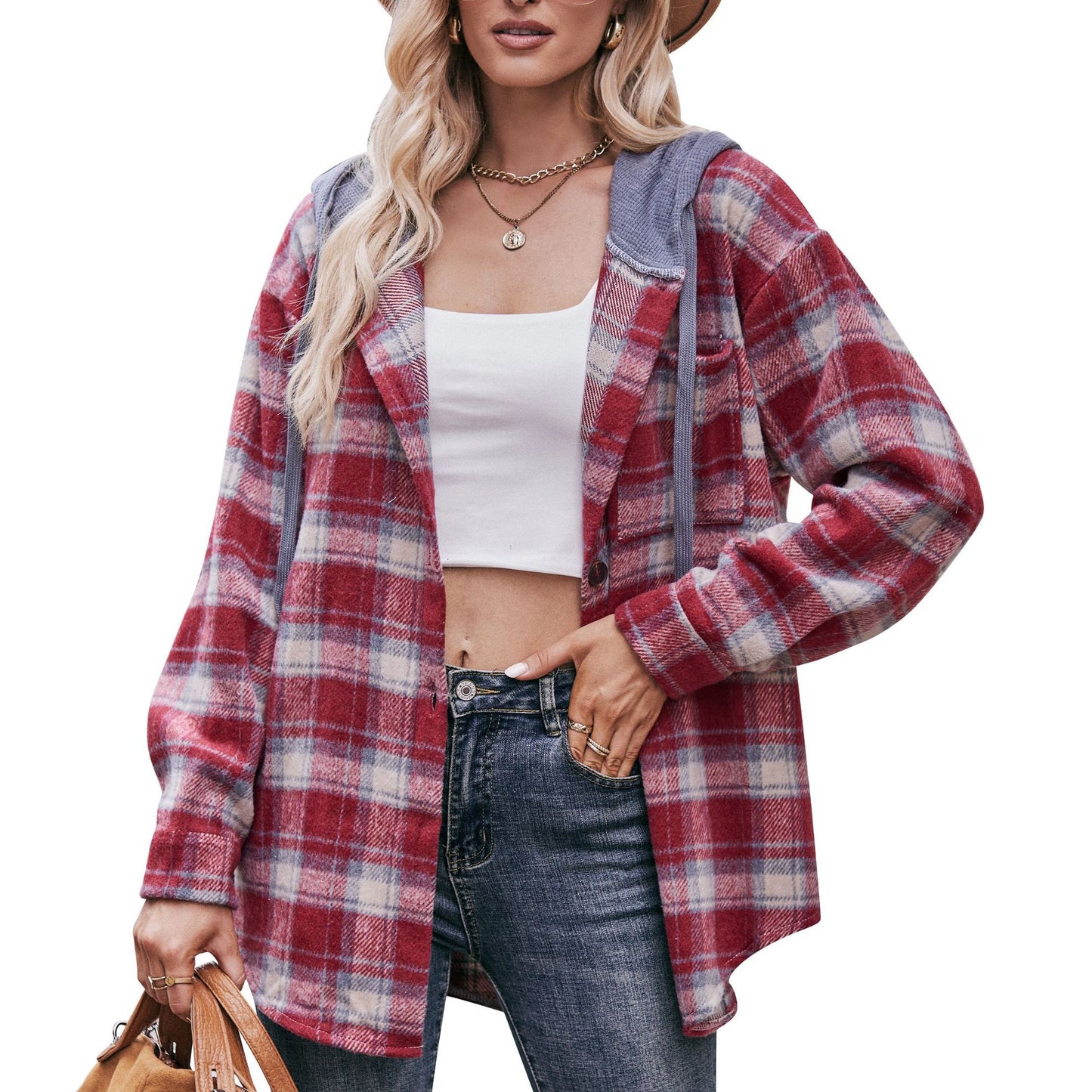 Plaid Hooded Shacket Jacket Oversized Fall Flannel Coat