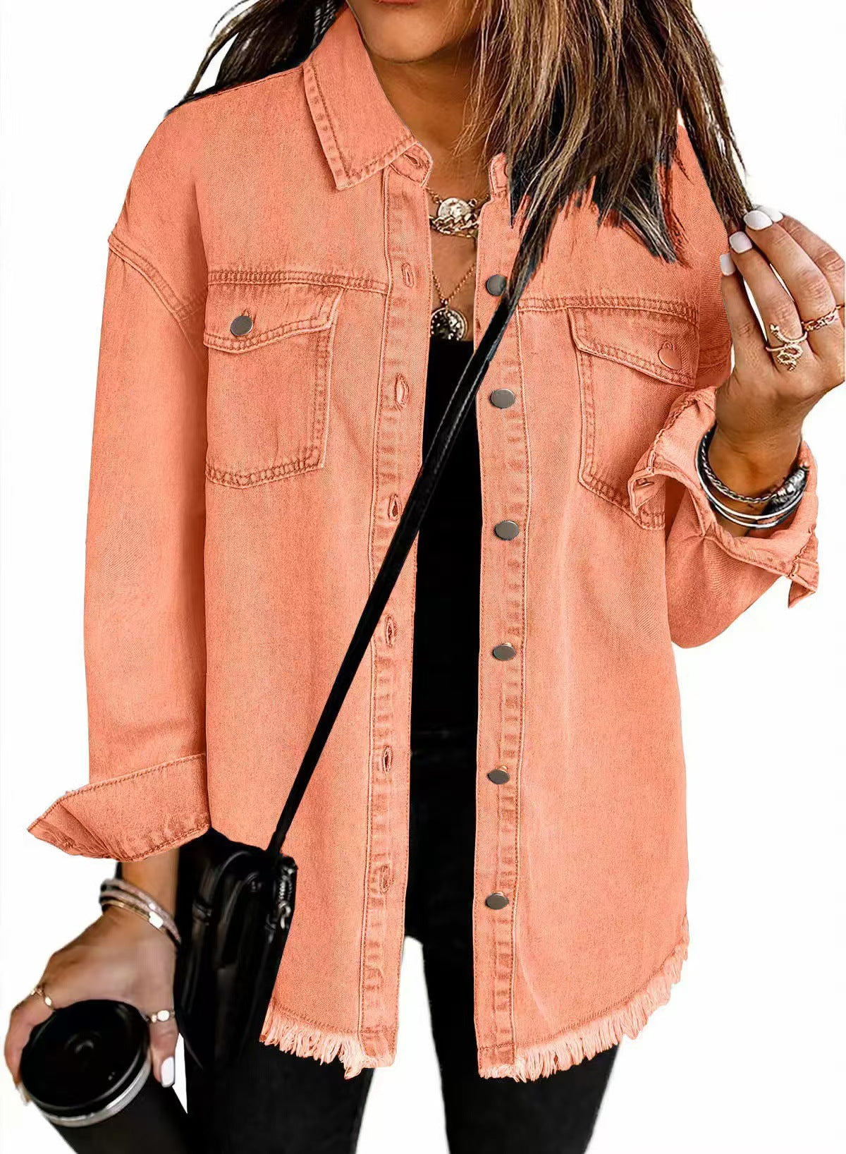 Women's Oversized Denim Shacket Frayed Hem